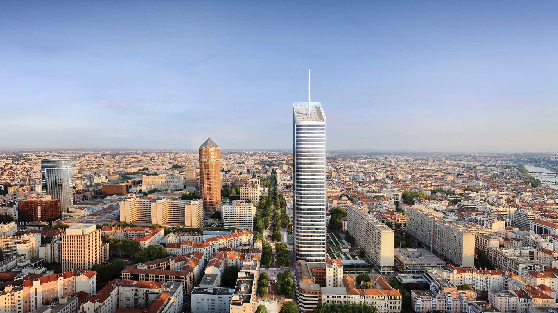 Image aérienne du quartier de la Part Dieu à Lyon avec la Tour Incity au centre