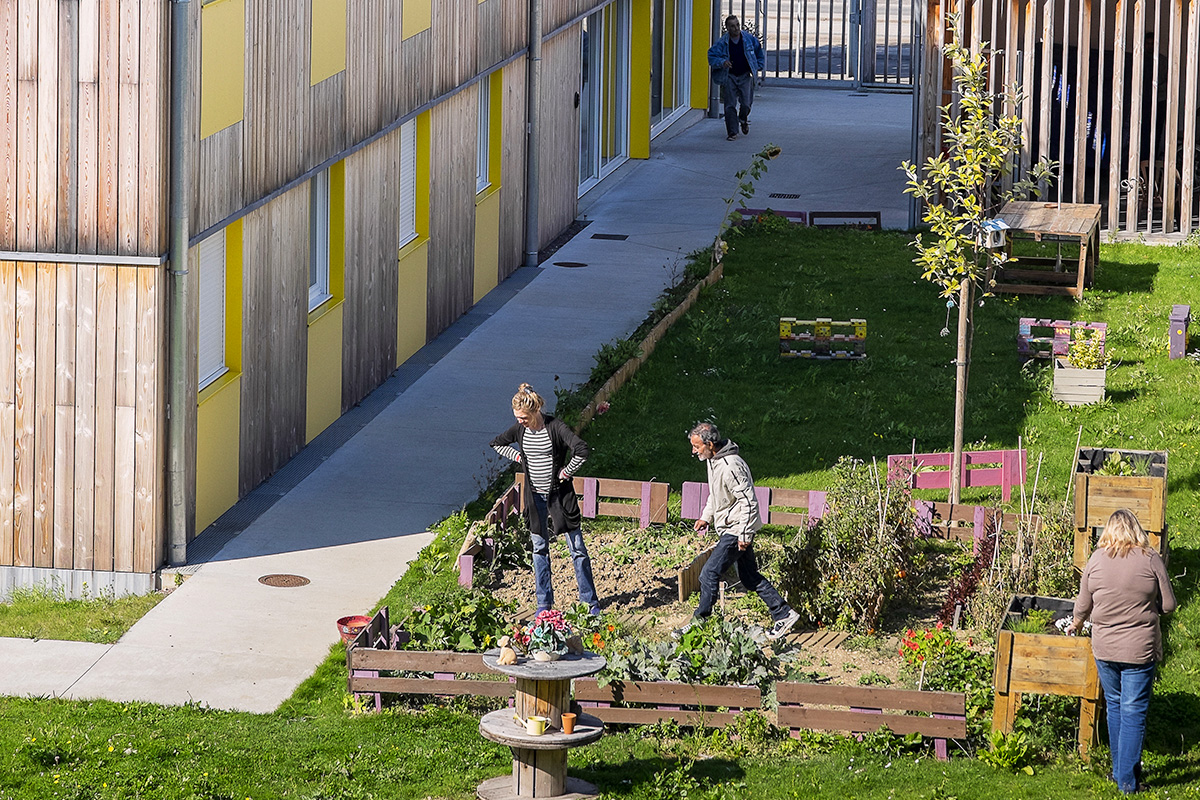 3 personnes s'affairant dans un jardin potager installé au pied d'un logement social