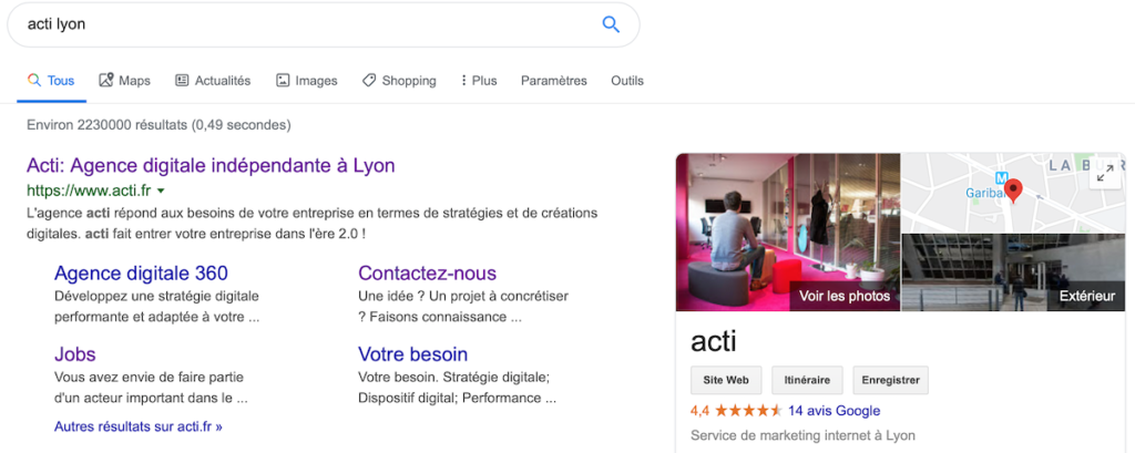 résultat de recherche "acti lyon" sous google, reprendre le contrôle de sa fiche google my business